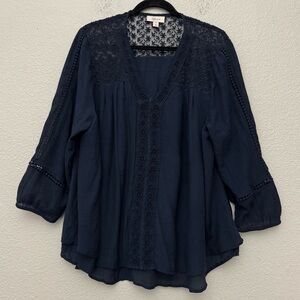 Style & Co Embroidered Boho Peasant Top Navy Blue Size 2X
